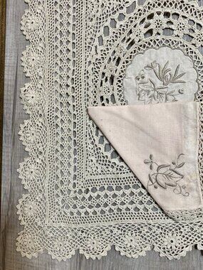 Vintage Beige Hand Crochet Embroidered Tablecloth With Napkins Rectangle 74x52”